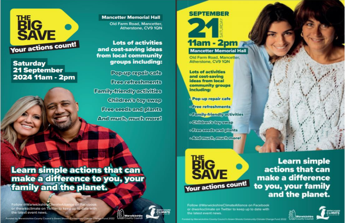 Poster advertising the big save, contains information on energy cost savings, draft proofing, alternative energy systems and information on a pop up repair cafe.
